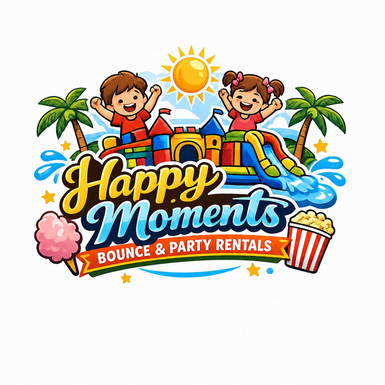 Happy Moments Bounce & Party Rentals: smiling children, a bounce castle, sun, cotton candy and popcorn